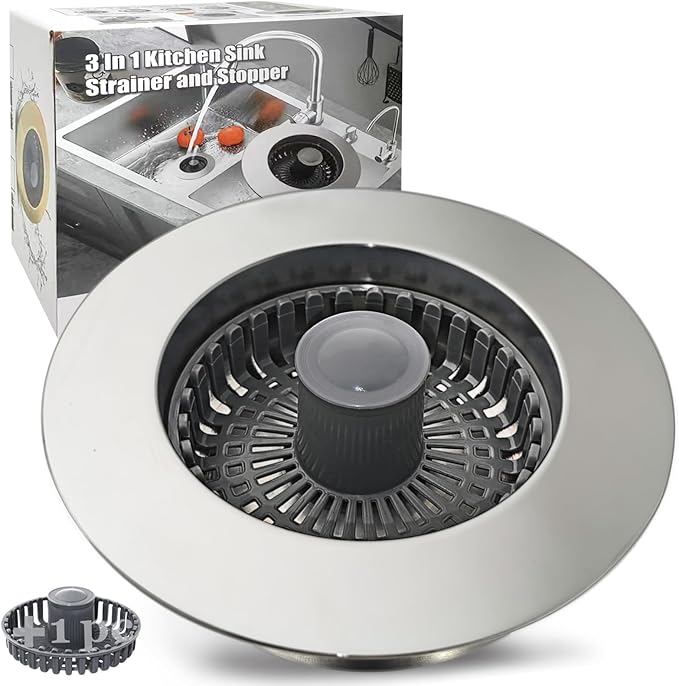 Kitchen Sink Drain Strainer, 3-in-1 Pop-Up Kitchen Sink Stopper, with an Extra Basket Strainer, Universal for US Standard 3-1/2 Inch, Chrome Silver