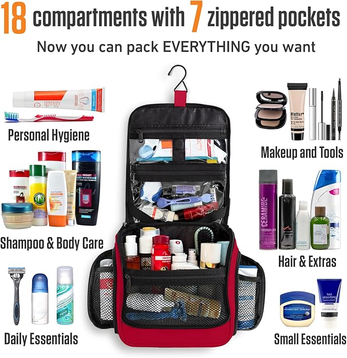 VENTURE 4TH Hanging Travel Toiletry Bag for Women & Men – Large Toiletry Organizer with 18 Compartments, Removable TSA Pouch, Travel Wash Bag for Toiletries, Makeup & Shaving Kit (Red)