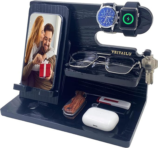 Gifts for Dad Men Mom Women from Daughter Son Birthday Gifts Nightstand Organizer Mens Wood Phone Docking Station (Black)