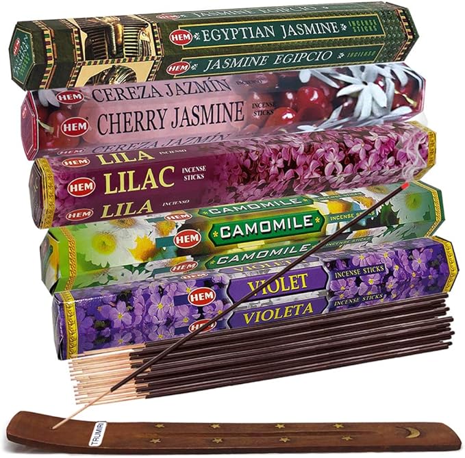 TRUMIRI Incense Sticks Variety Pack #13: 5 Fragrances (Egyptian Jasmine, Cherry Jasmine, Lilac, Camomile, Violet) - 100 Sticks (20 of Each) with Holder