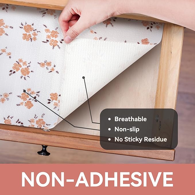 RAY STAR Shelf Liner, Non Adhesive Pink Orange Floral Printed Kitchen Cabinet Liner for Pantry Drawer Vanity, Strong Grip Non Slip, Shelf Liners for Kitchen Cabinets Cupboard 12 Inch x 10 FT (4 Rolls)