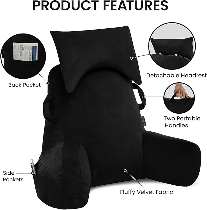 Portable Reading Pillows with Headrest for Bed Sitting Up(Black Oeko-Tex), Velvet Back Pillow with Arms & Pockets for Adults, Support Memory Foam Bed Pillow for Dorm/Reading/Watching/Gaming