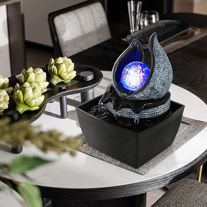 WICHEMI Water Fountains Indoor Waterfall Fountain Mini Tabletop Fountain with LED Rolling Ball Water Feature Indoor Zen Meditation for Home and Office Indoor Spaces Decor (Style 1)