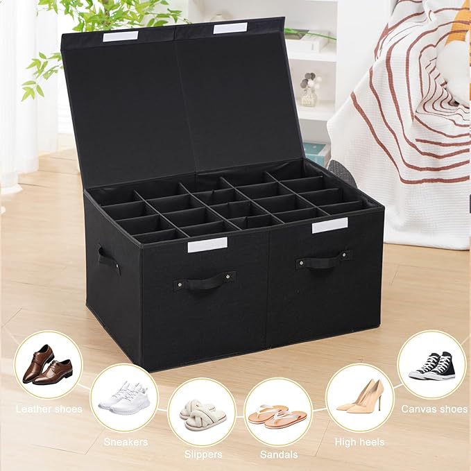 Large Shoe Organizer for Closet Fits 20 Pairs, Shoe Storage Box Bins Containers with Lid and Adjustable Dividers for Shoes, Sneakers and High Heeled, Hard Shell and Stackable (Black)