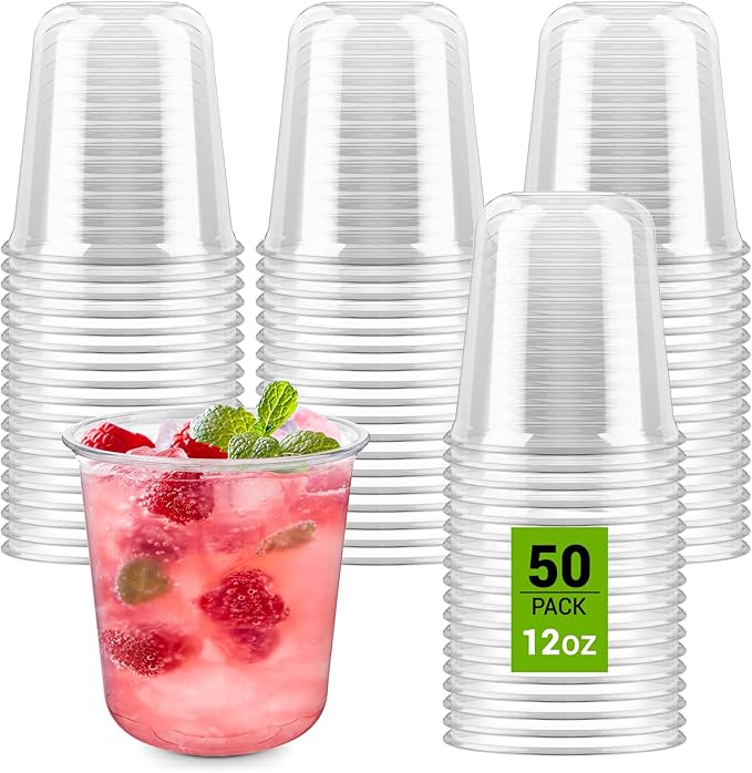 Soelomu 12 oz Disposable Stemless Wine Glasses, 50 Pcs Crystal Plastic Cocktail Cups Clear Classic Cold Drinking Party Glasses for Wedding Gathering Birthday Meeting (Clear)