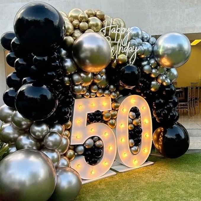 Black Gold Silver Balloons Arch Kit,Metallic Chrome Silver and Black Gold Clear Balloon With 18/12/5 Inch Different Sizes for Birthday Graduation Baby Shower Disco New Years Party Decorations