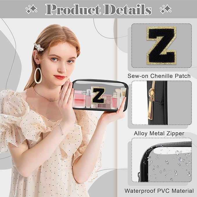 Personalized Initial Letter Clear Makeup Bag,Preppy Small Nylon&PVC Cosmetic Zipper Bag with Chenille Letter,Travel Skincare Toiletry Bag,Monogram Christmas Gift for Teen Girls Women,Z