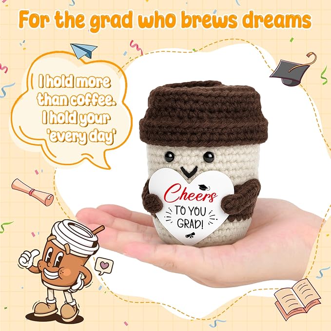 Graduation Gifts for Her Him - Cheers To You Grad - Handmade Positive Crochet Coffee Mug Graduation Decoration College High School University Grad Academy Masters Congratulations Gifts for Friends