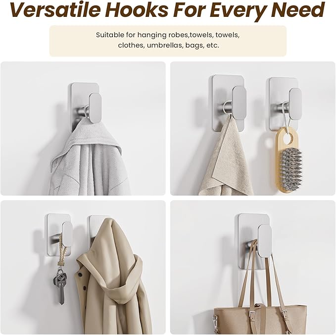 Heavy Duty Self Adhesive Hooks - 26lb Max, Sticky Wall Hooks Stainless Steel for Hanging Towel, Coat, Robe, Waterproof & Rustproof Hooks Stick on Bathroom, Shower, Kitchen(Silver, 4 Pack)
