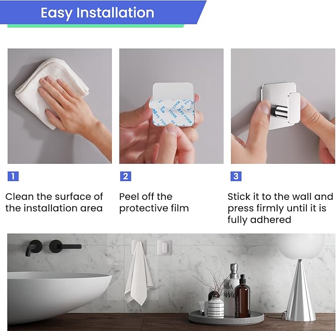 Silver Hooks for Hanging Heavy Duty, Adhesive Hooks for Shower, Bathroom, Kitchen, Robe, Towel, Coat, Waterproof & Rustproof Hook for Walls No Damage, Sticky Wall Towel Hooks - 4 Pack