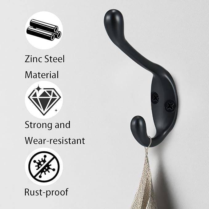 Jukzi Coat Hooks 5 Pack-Heavy Duty Wall Mounted Matte Black Door Hooks Double Prong Hooks for Hanging Clothes/Towels/Key-Suitable for Bedroom/Bathroom/Entryway and Replaced