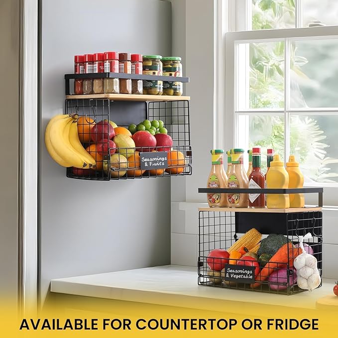 [WIDER SHELF] 2 SET Strong Magnetic Shelf Basket for Fridge with Tag & Bamboo Top, XXL Large Magnetic Spice Rack Shelves for Side of Refrigerator, Kitchen Pantry Storage Organizer for Food Fruit Veg