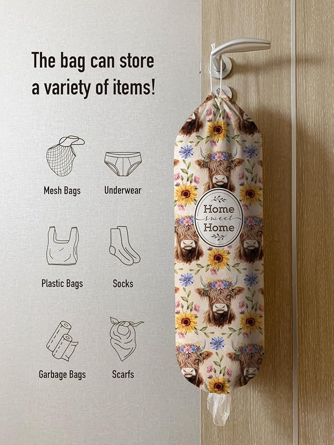 Hglian Plastic Bag Holder Retro Highland Cow and Flowers Grocery Bag Holder Storage Organizer Extra Large