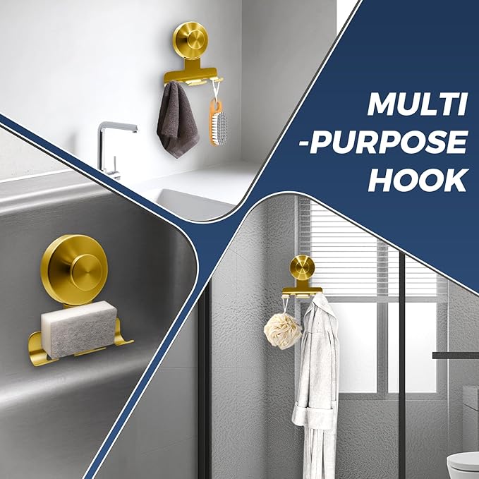 Suction Cup Razor Holder for Shower,Heavy-Duty 7KG Suction Hooks for Razor,Towel,Loofah,Removable Damage-Free Metal Shower Hook,Shaver Holder,2 Pack(Brushed Gold)