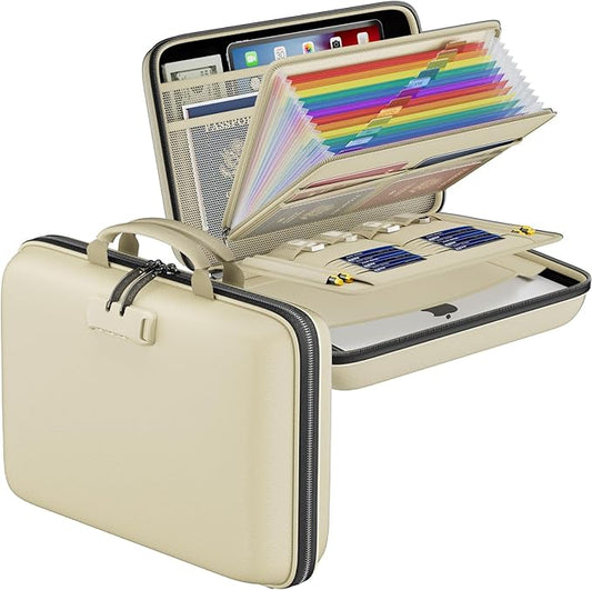 DocSafe Fireproof File Organizer with Lock, Hard-Shell Case Fireproof Document Box with 13 Pocket Accordion File Folder, Portable Home Office Travel Safe Storage for Important Documents Laptop Beige