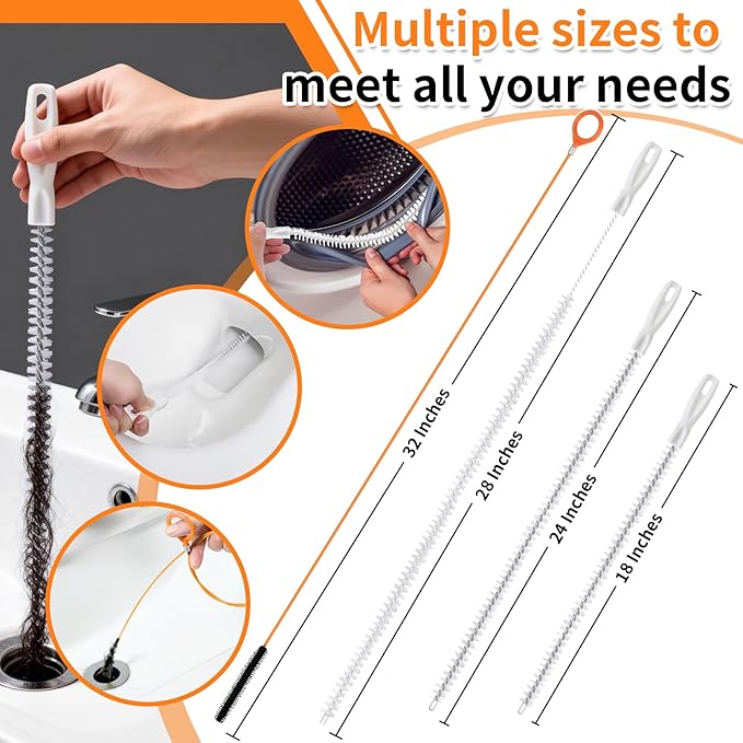 8 Pack Snake Drain Hair Removal Tool, 32" Drain Snake (2pcs), 18/24/28" drain hair remover, Drain Clog Remover Tool Set for Toilet, Kitchen Sink, Bathroom Tub, Sewer