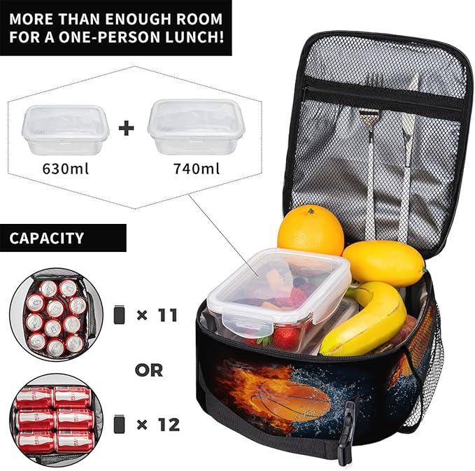 Pardick Basketball Balls Tote Lunch Box Insulated Lunch Bag Tote Cooler Freezable Meal Prep Bag Waterproof Leakproof Cooler Lunch Container For Picnic Office
