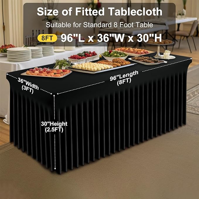Smiry Spandex Tablecloth 2 Pack, Elastic Fitted Stretch Tablecloth for 8FT Rectangle Tables, Waterproof Washable Table Cover Skirt for Outdoor, Wedding, Banquet & Parties (Black, 96Lx36Wx30H Inch)
