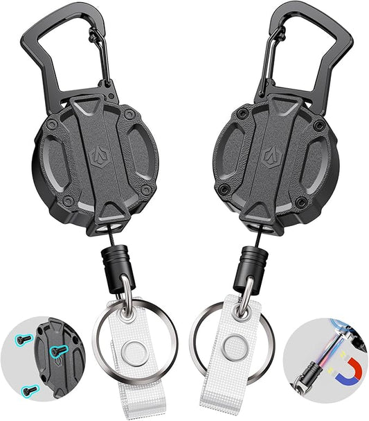 2Pack Heavy Duty Retractable Keychain, Unbreakable Embedded Body with 30.5" Dyneema Cord, Tactical ID Badge Holder Reel Carabiner Clip with Secure Magnetic Closure for Men, Holds 25oz