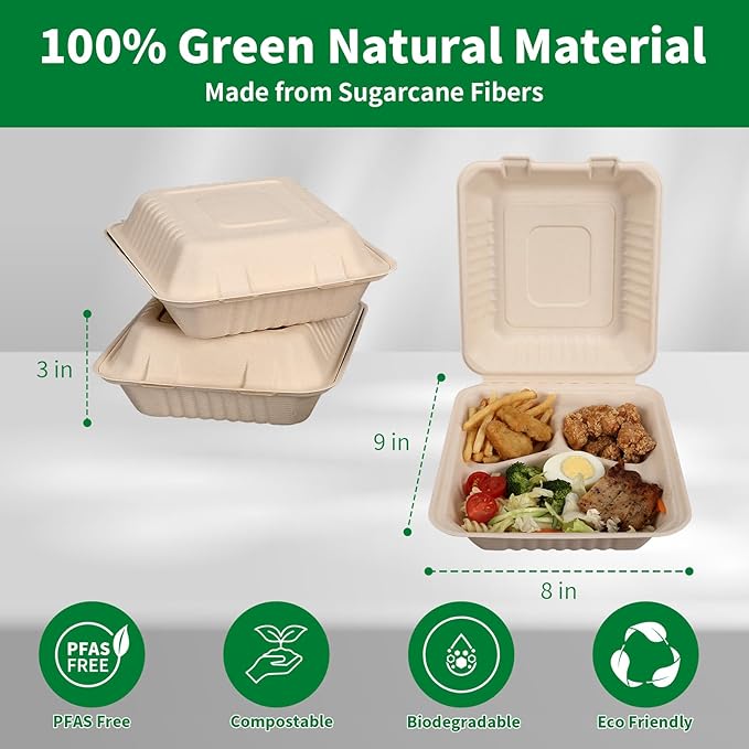Aricsen 100 Pack 3 Compartment Compostable 8x9 Inch Takeout Lunch Box Containers with Lid To Go Take Out Clamshell for Food, Disposable Eco-Friendly Biodegradable Bagasse, PFAS-Free, Brown