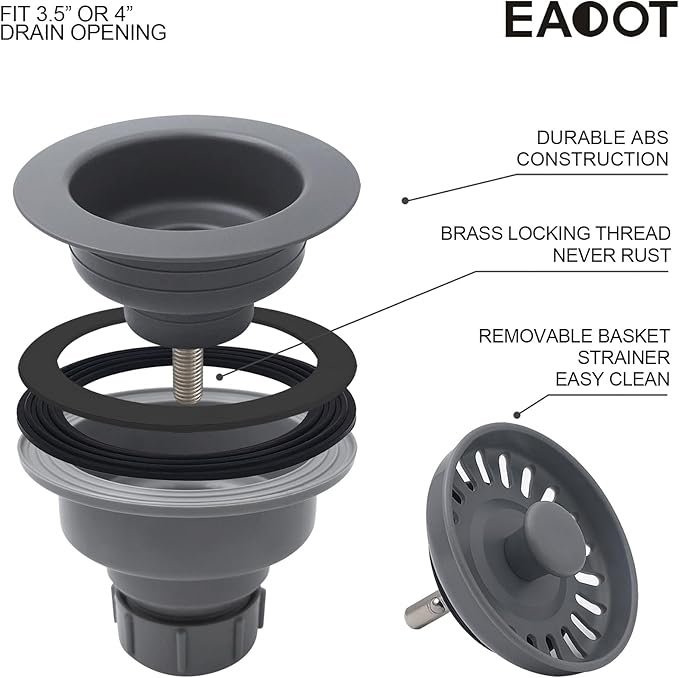 3-1/2 Inch Polymer Urban Gray Sink Drain Assembly with Basket Strainer and Stopper for Quartz, Granite or Fireclay Kitchen Sinks