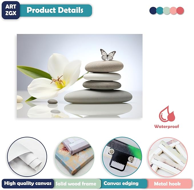 ARTZGX Zen Canvas Wall Art Spa Stones Picture Print Flower and Butterfly Painting Meditation Artwork Bathroom Yoga Decor Frame(Zen Flower - C 28.00" x 42.00")