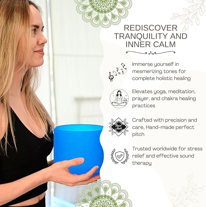 8 inch Blue G Note Throat Chakra Quartz Crystal Singing Bowl, for Healing Mindfulness Meditation Yoga Sound Baths, with Rubber Mallet O-ring