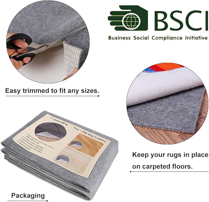 Non-Slip Rug Pad Grippers - 8x11 Ft, 1/8" Thick, (Felt + Rubber) Double Layers Area Carpet Mat Tap, Provides Protection and Cushioning for Hardwood or Tile Floors