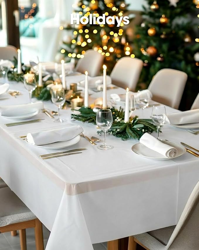Pureegg Plastic Table Cloth Disposable 10 Pack, 54 x 156 Inch Table Cloths, Party, Picnic, Wedding, Decorative Tablecloths, Rectangle, White Plastic Cover, Leakproof & Sturdy, White
