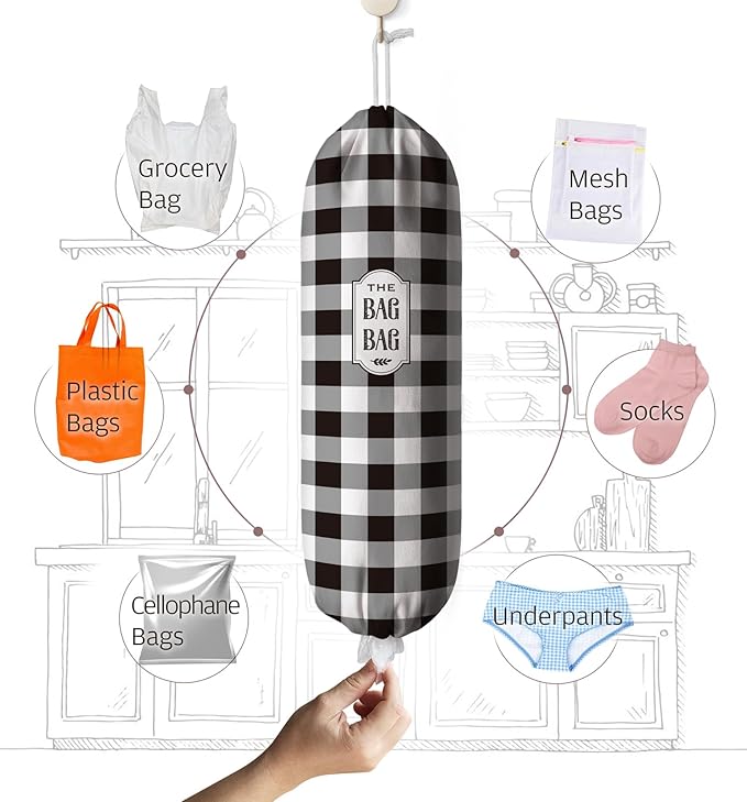Moanlor Art Grocery Bag Holder Black White Checked Plastic Bags Holder Organizer Storage Buffalo Plaid Bag Holder for Plastic Trash Bags Cute Farmhouse Kitchen Decor