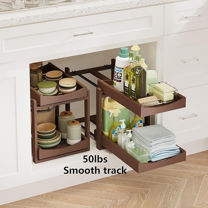 Wisuce Essentials Bamboo Under Sink Organizer Adjustable Height 2 Tier Bathroom Organizer Pull Out Cabinet Storage Kitchen Heave Duty Wood Slide Ou Shelf for Kitchen Bathroom (Brown, 2 Packs)