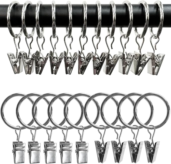 40 Pack Curtain Rings with Clips, Drapery Clips with Rings, Drapes Rings 1.26 in Interior Diameter, Fits up to 1 Inch Curtain Rod, Silver