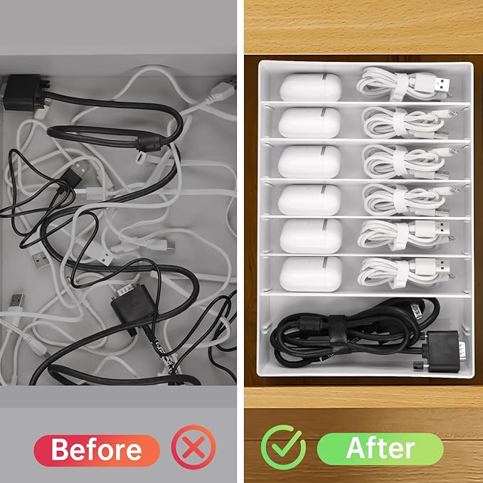 PAVSTINE 2 Pcs Large Cable Organizer Box with Wire Ties, Plastic Charger Organizer box with 8 Compartments, Stackable Cord Organizer Box for Office, Home, Desk Drawer Stationery Supplies Storage, White