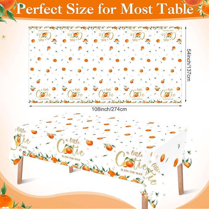 Ganeen 3 Pcs Little Cutie Baby Shower Tablecloth Disposable Plastic Tangerine Tablecloth Little Cutie Is on the Way Table Cover for Baby Shower Decor Orange Fruit Birthday Party Supplies 54 x 108 Inch