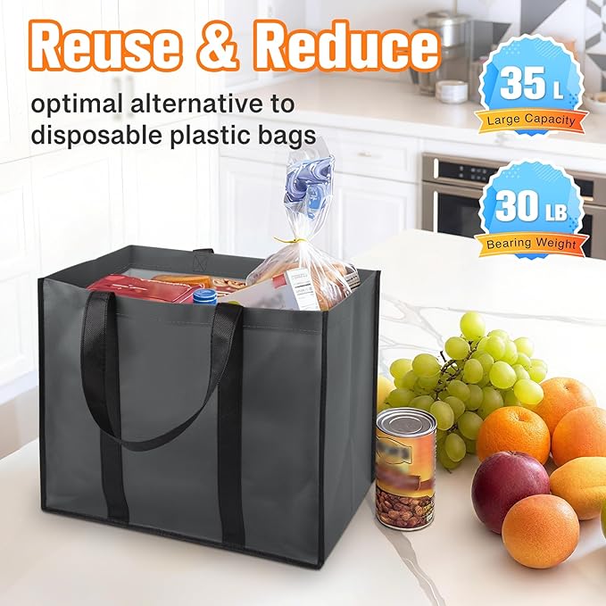 WISELIFE Reusable Grocery Bags with Handles - 4 Pack, 35L Large Shopping Bags for Groceries, Water-Resistant & Foldable Grocery Totes for Lasting Use for Kitchen, Market, Car Trunk, Picnic (Gray)