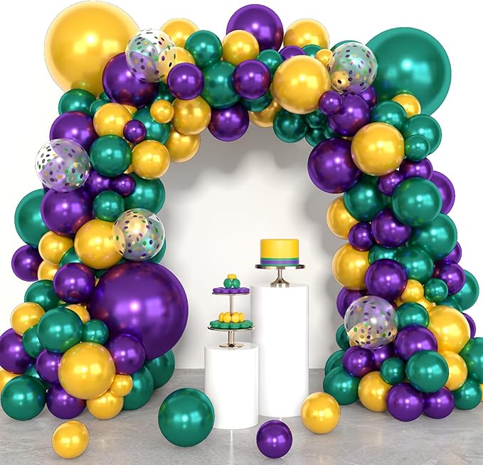 Amandir 153pcs Mardi Decorations Gras Balloons Arch Garland Kit, Different Sizes 18 12 10 5inch Pearl Purple Green Gold Confetti Mardi Balloons for Gras Fat Tuesday Carnival Birthday Party Supplies