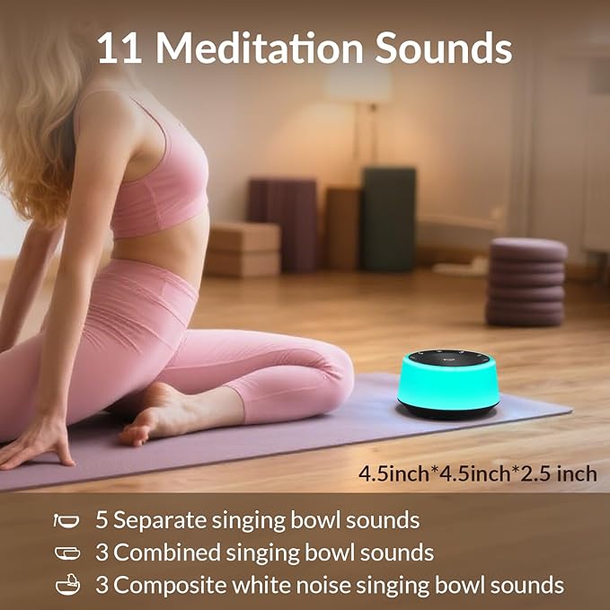 Kipcush Tibetan Singing Bowls Sound Machine - 11 Different Sized Sound Bowls with Night Light for Yoga, Meditation, Mindfulness, Healing, Chakra Healing and Stress Relief, Timer, Plug in (Black)
