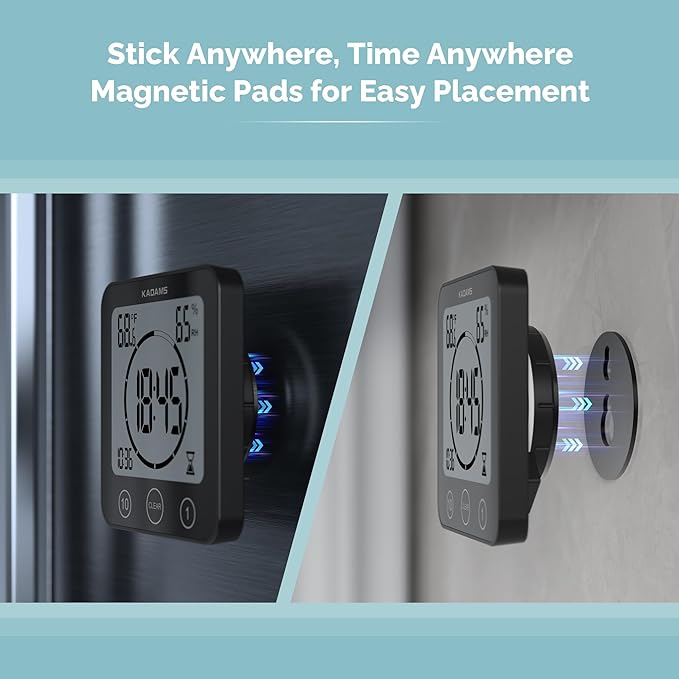 KADAMS Shower Clock Waterproof Bathroom Timer – Digital Wall Clock with Countdown, Magnetic Kitchen Clock with Temperature & Humidity, Suction Cup for Kids Shower Spa Sauna Cook Bath (Black)