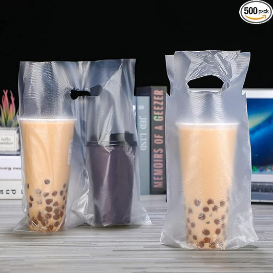 Tinlade 500 Pcs Clear Handle Drinking Poly Bags Bulk 2 and 1 Cup Plastic Portable Cup Carrier Holder Bag Packaging Delivery Hanging Hole, 6.3 x 10.2, 12.2 x 10.2 Inch