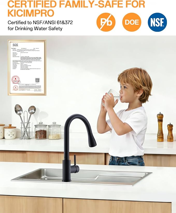 Kicimpro Matte Black Kitchen Faucet with Pull Down Sprayer, 304 Stainless Steel, 23-Inch Extended Hose Design, Three Water Functional Ways, Easy Installation
