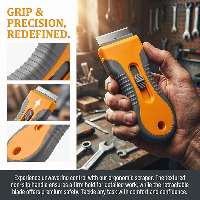 Razor Blade Scraper Tool 4 Pack with 40 Replacement Blades – Retractable Glass Scraper with Safety Lock & Non-Slip Grip for Windows, Cooktop, Stove Top, Sticker Label Paint Caulk Adhesive Remover