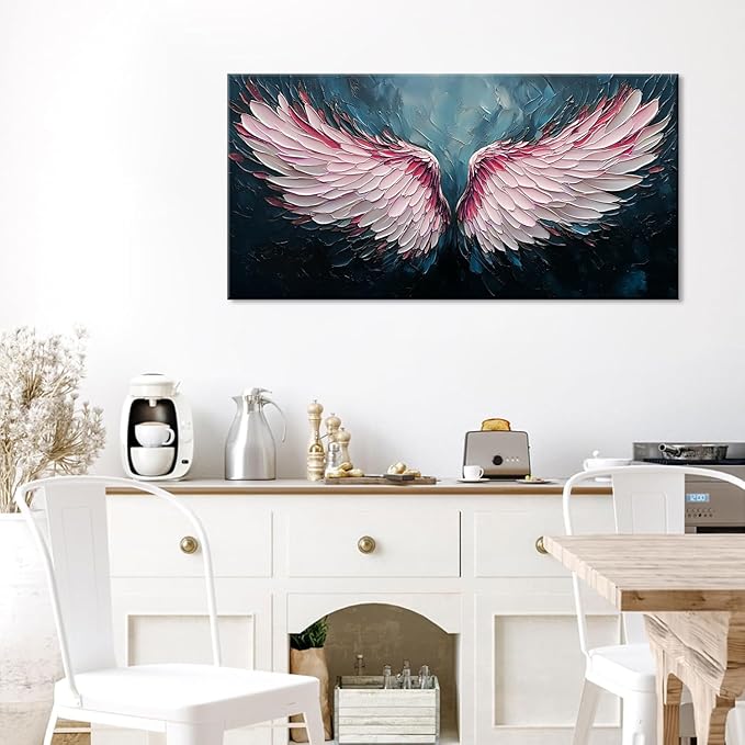 ZESTRILIA Angel Wings Wall Art for Girls Room Pink Navy Blue Canvas Oil Painting Prints Modern Abstract Fantasy Anime Artwork Living Bedroom Office Decor (40x20 Inches)