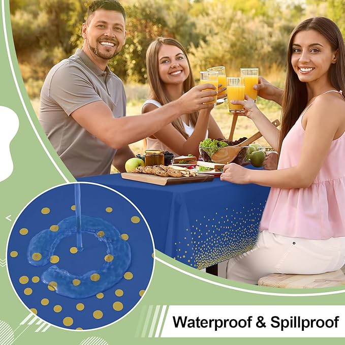 misaya 3 Packs Dot Disposable Table Cloth, 54 x 108 Inch Waterproof Plastic Tablecloth, Rectangle Gold Dots in Navy Table Covers for Picnic, Birthday, Party