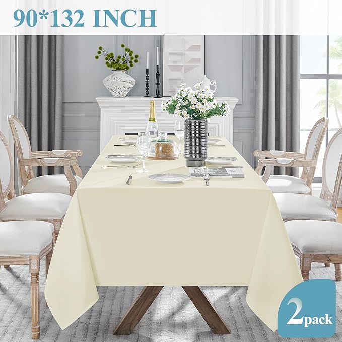 VidaFete Tablecloth 2 Pack 90 * 132inch Rectangle Table Cloth Polyester, Stain Wrinkle Resistant Polyester Dining Table Cover for Kitchen Dining Party Wedding Rectangular Buffet Decoration (Ivory)