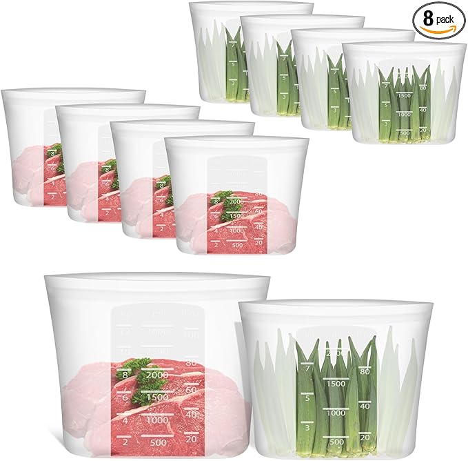 Reusable Storage Bags, Set of 2 Large Sizes, 8 Pack 100% Silicone Food Storage Bags Stand Up Zip Lock Bag for Food, Freezer Microwave Oven Dishwasher Safe, 4 XL-4/5 Gallon, 4 L-1/2 Gallon, Translucent