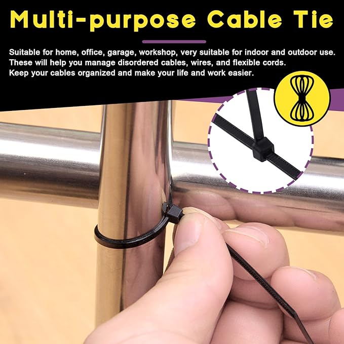 Swpeet 360Pcs Black Self-Locking Cable Zip Tie (150x4mm) and 6mm/0.24inch Saddle Type Cable Tie Mounts Base with Deep Thread Flat Head Screws Assortment Kit, Wire Holder Wire Cable Clips Organizer