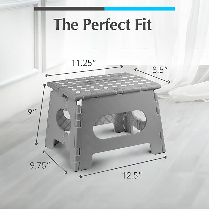 Handy Laundry Folding Lightweight Step Stool - Sturdy Enough to Support Adults and Safe Enough for Kids - Opens Easy with One Flip - Great for Kitchen, Bathroom or Bedroom (Grey - 9 Inch)
