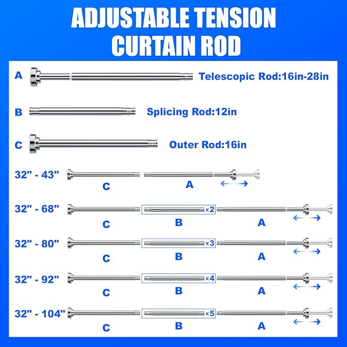Ausemku Shower Curtain Rod - 32-104 Inch Rustproof Tension Rod, Non-Slip Spring Design, No Drilling Adjustable Curtain Rod for Bathroom, Kitchen, and Closet（Silver）