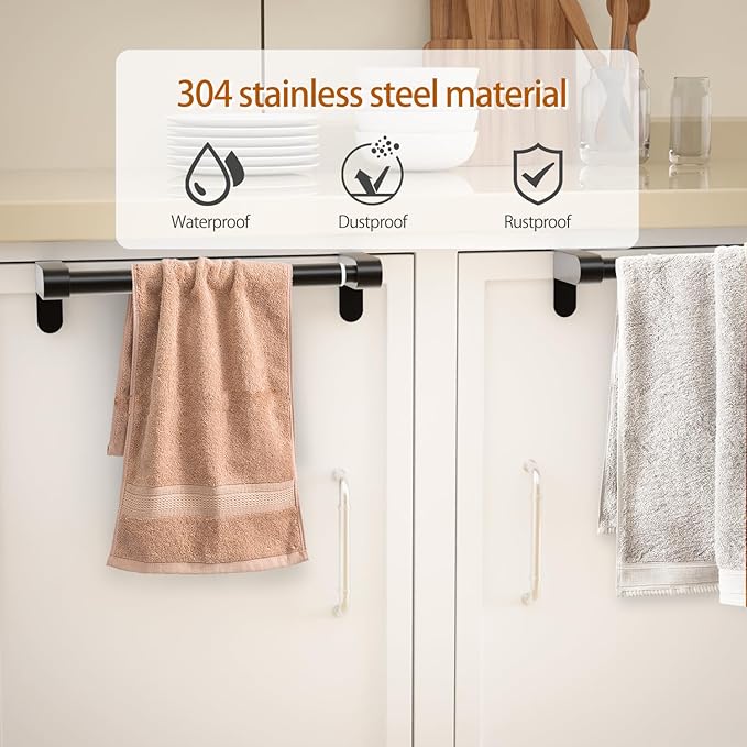 VEHHE Kitchen Towel Holder, Retractable Kitchen Towel Rack, Hooks Adjustable to Cabinet Door Thickness, Dish Towels Holder with EVA Pad, Over The Door Towels Rack, L10.4~16.9 X W2.8 X H2.4 in (Black)
