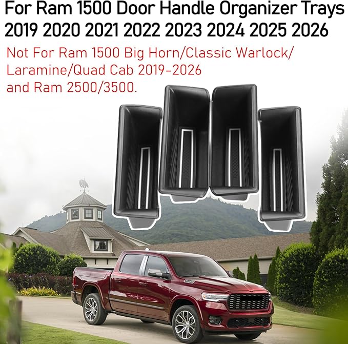 TTCR-II for Ram 1500 Door Side Organizer Tray 2019 2020 2021 2022 2023 2024 2025 2026, for Ram 1500 Door Pocket Insert 4 Pcs with White-Lines Mats (Does not fit 2500 3500)
